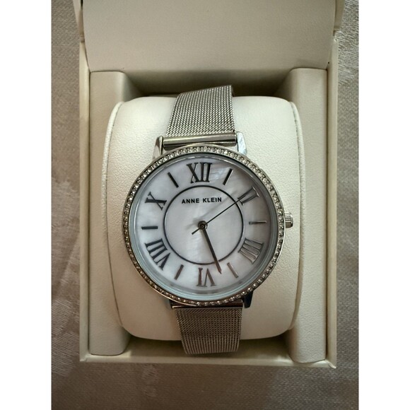 Anne Klein Womens Watch Silver Tone Mesh Bracelet MOP Dial Swarovski Crystals main image 7